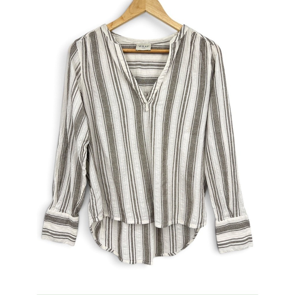 Wrap London Striped Linen Blend Split Neck Blouse High Low Hem Neutral 6